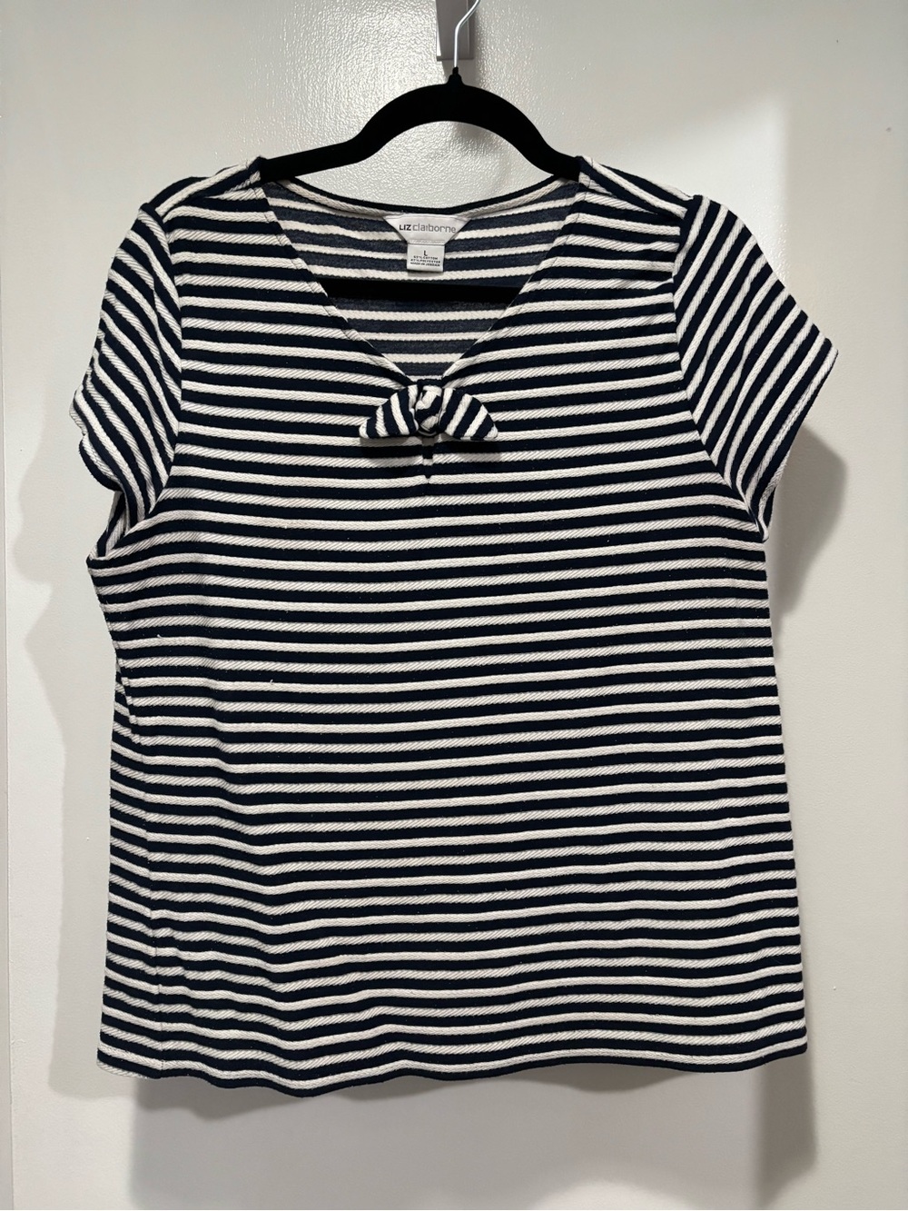 Liz Claiborne Navy & White Striped Short Sleeve Tie-Front Top Large